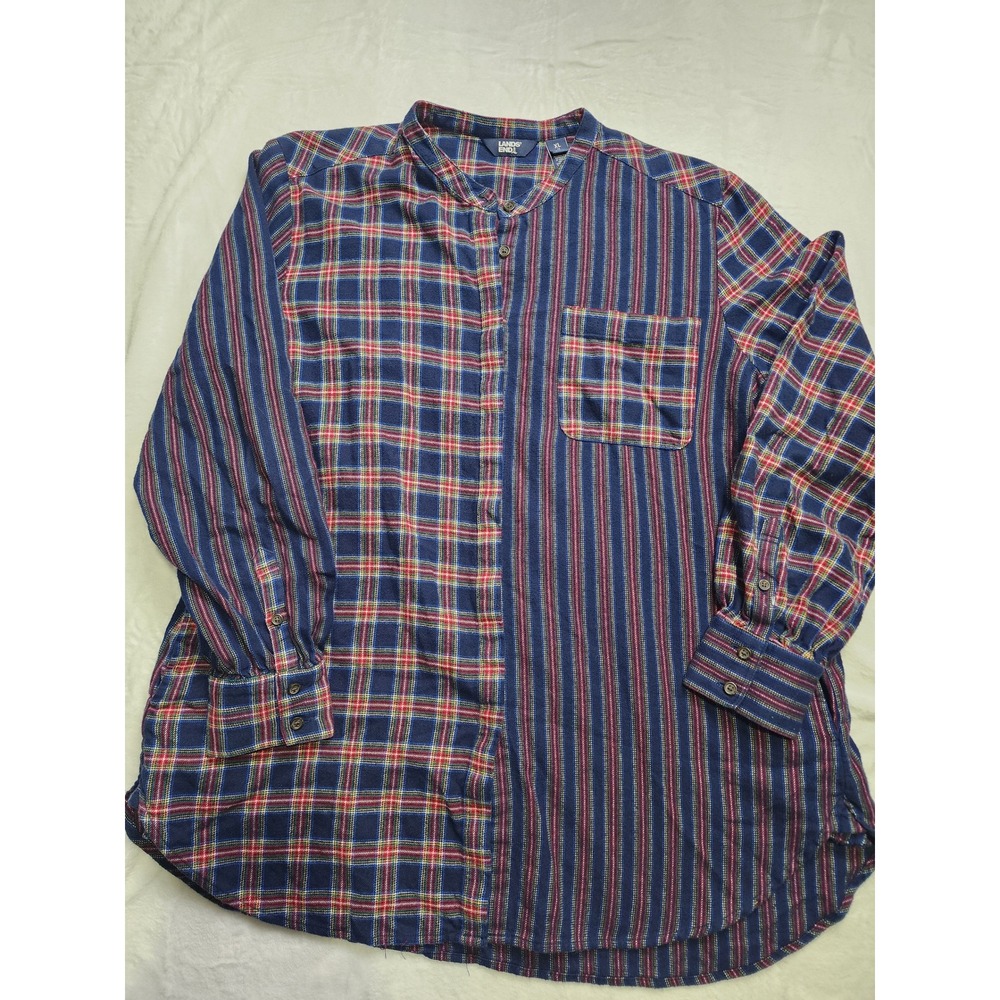 Lands End Tunic Blouse Womens XL Navy Blue Mixed Plaid Striped Pockets
